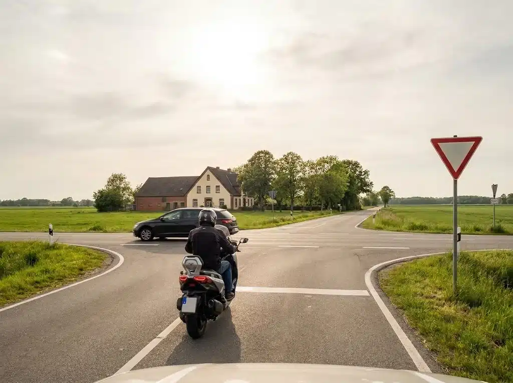 Beispielbild aus der Übung Verkehrsauffassung: Kreuzung mit Motorrad, Auto und Vorfahrtsschild
